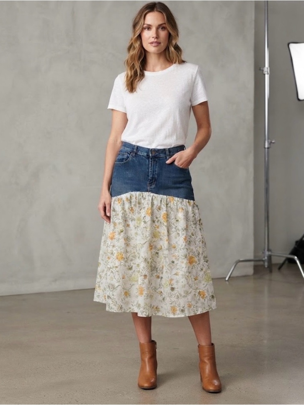Wild Fable denim and floral cotton Upcycled look skirt pleats a line 12